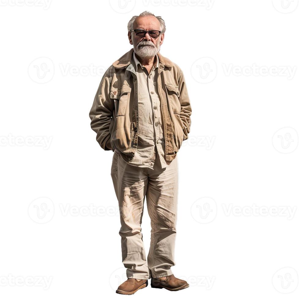 Senior man with white beard wearing glasses is standing with hands in pockets photo