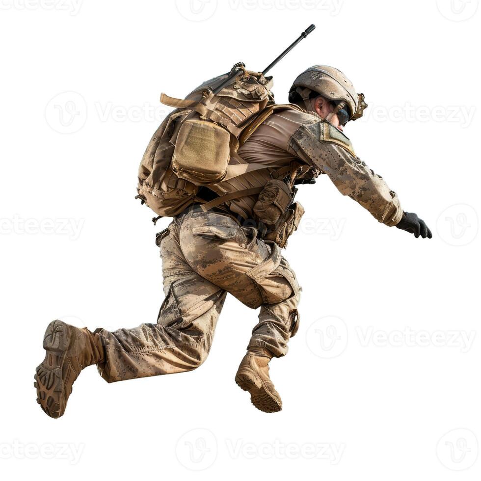 Soldier wearing camouflage uniform is running and jumping in the air photo
