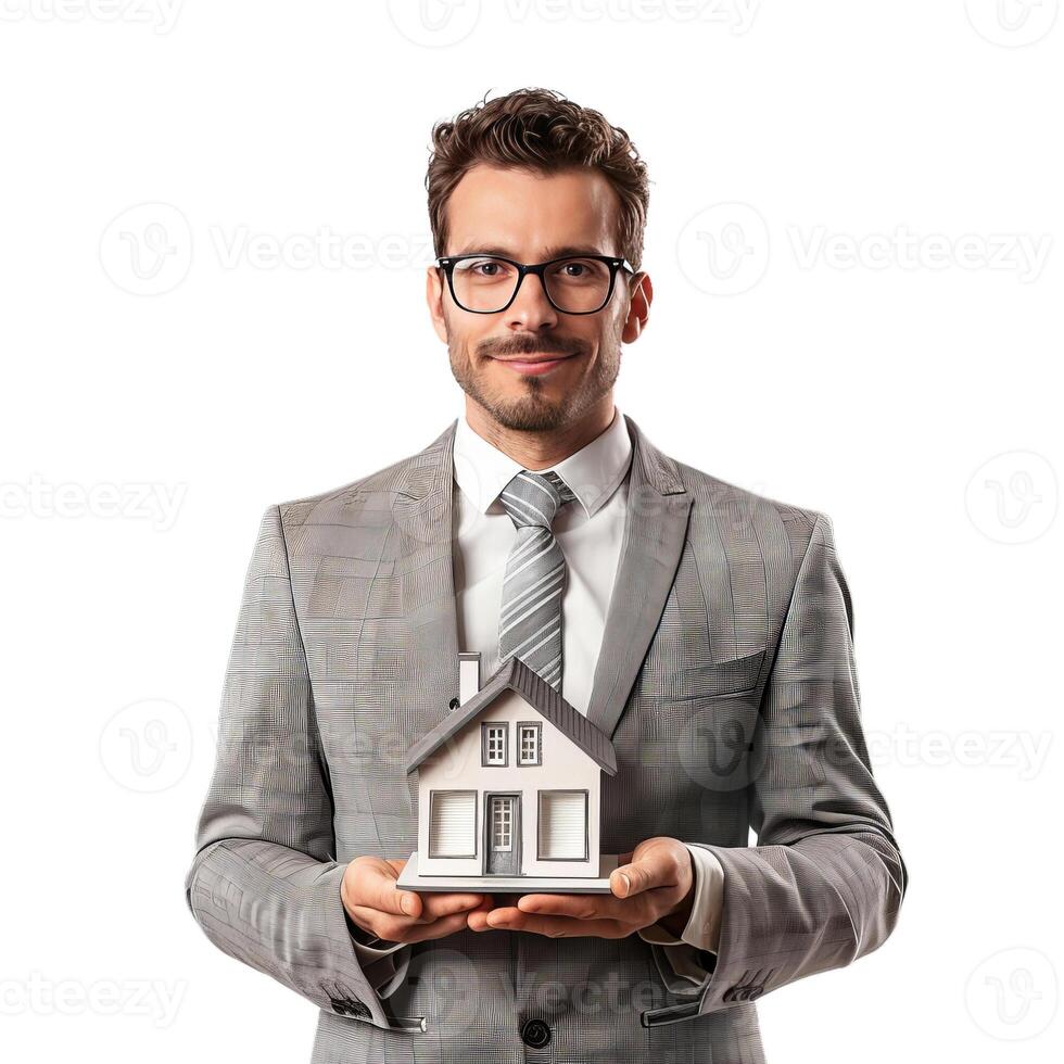 Real estate agent holding miniature house smiling at client photo