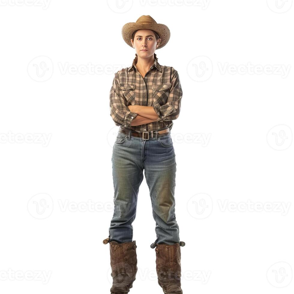 Confident female farmer standing with arms crossed on white background photo