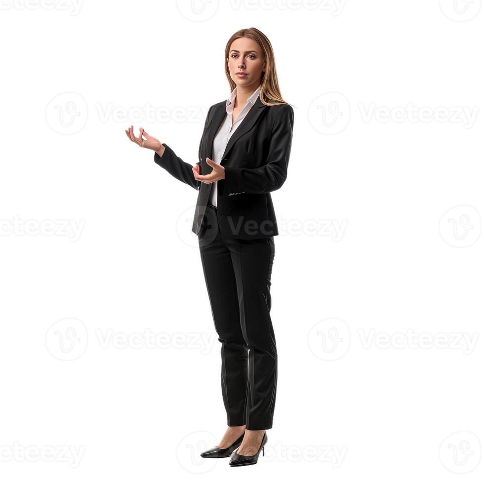 Businesswoman gesturing with hands on white background photo