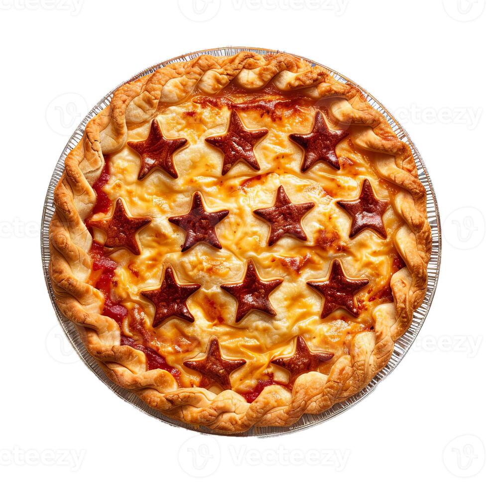 Freshly baked pie with star shaped crust decorations, still in its pan photo
