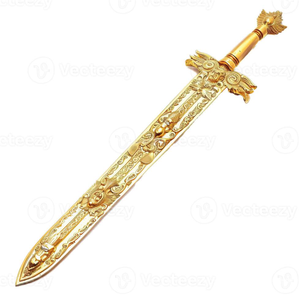 Golden sword lying isolated on white background photo