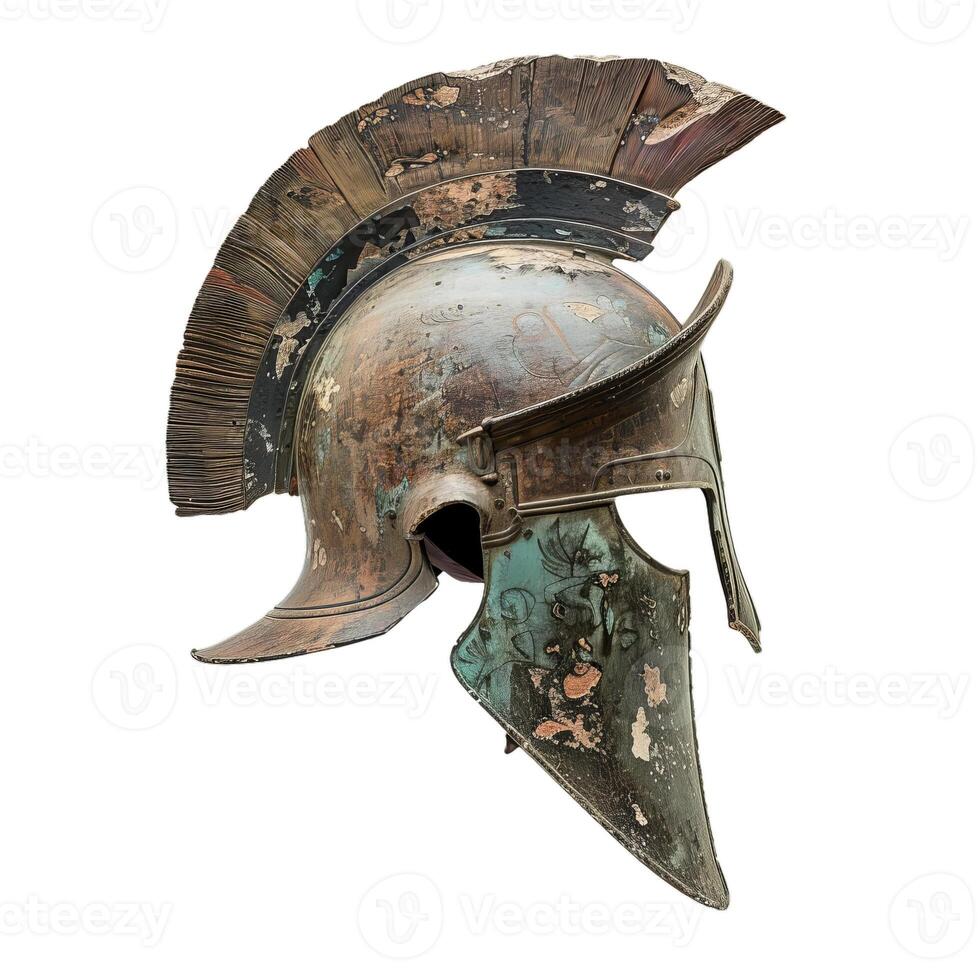 Old bronze spartan helmet showing signs of age and battle damage photo
