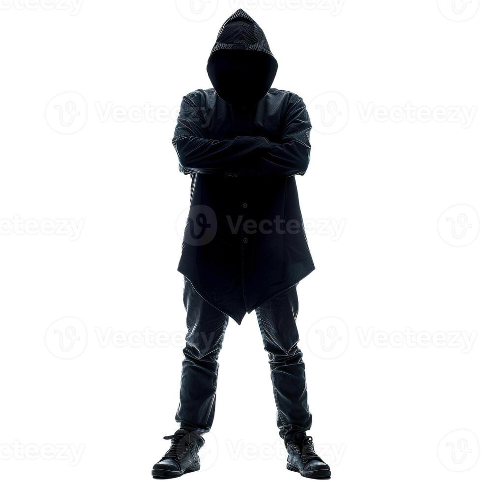 Silhouette of a suspicious man with hidden face is crossing his arms photo