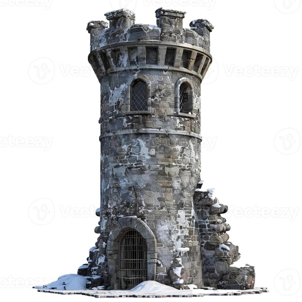 Old stone watchtower crumbling under winter snow photo