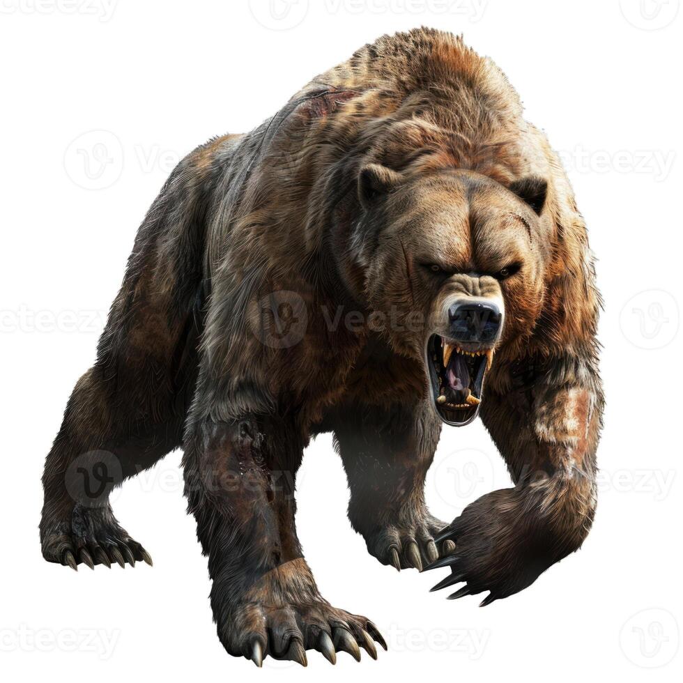 Large grizzly bear showing teeth while growling photo