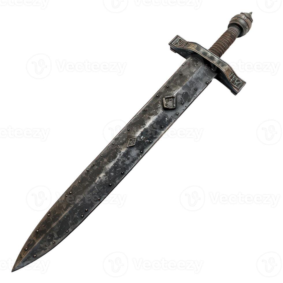 Well used ancient sword is laying on a white background photo