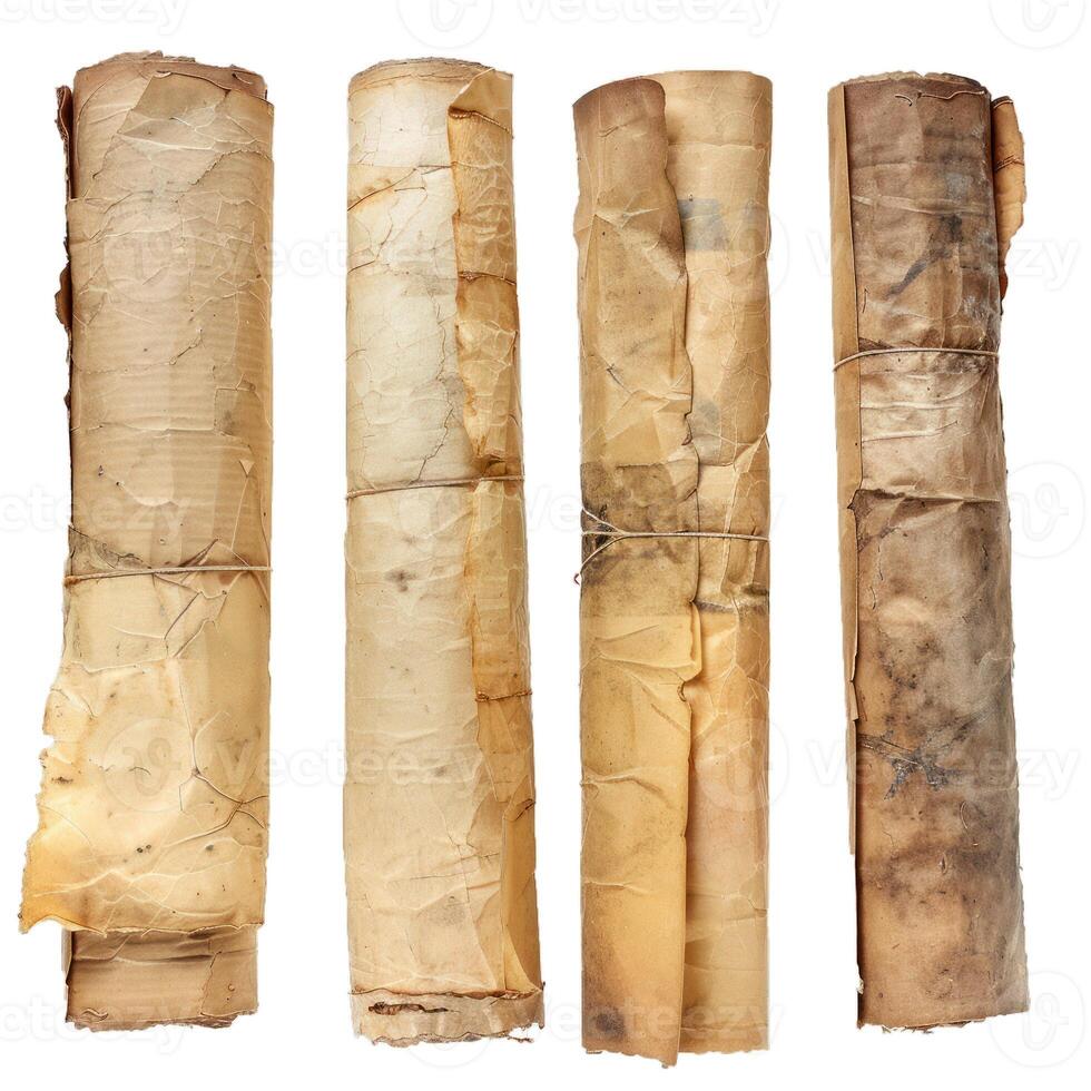 Four old rolled up papers tied with string isolated on white background photo