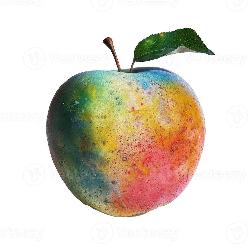 Rainbow apple showing colorful artistic design with leaf photo