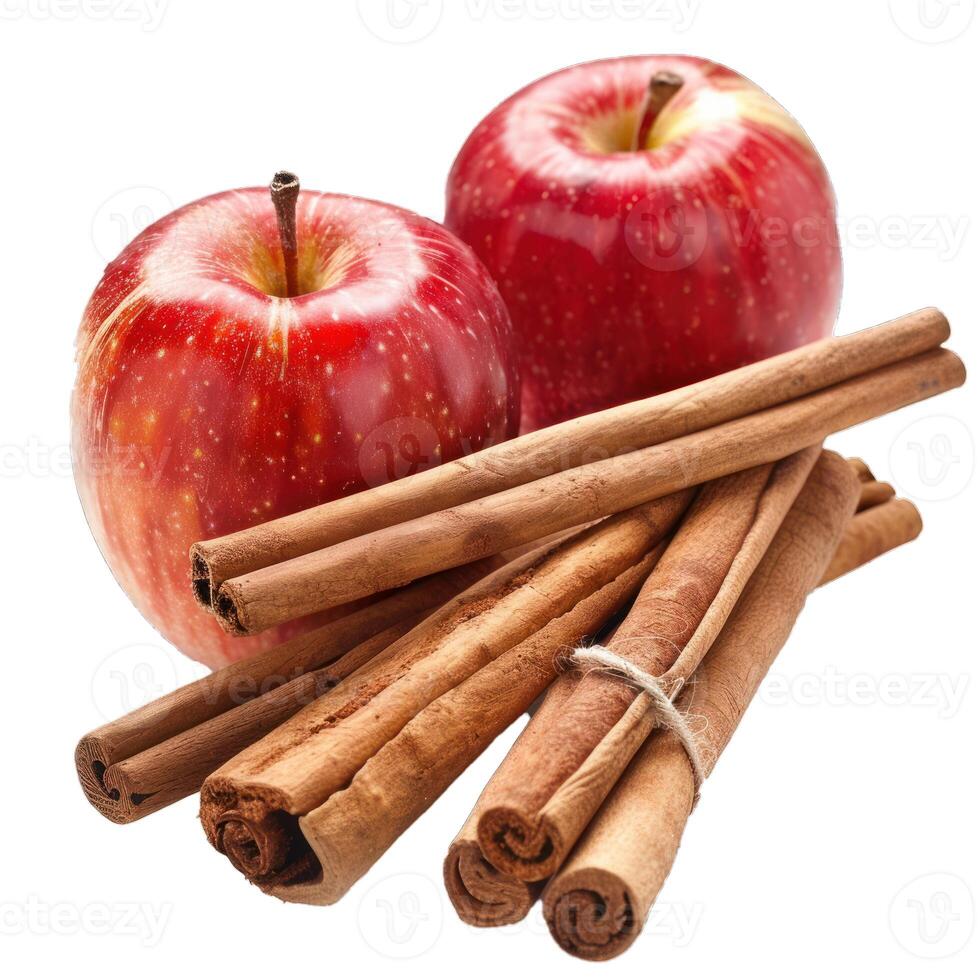 Two red apples resting on cinnamon sticks tied with twine on white photo