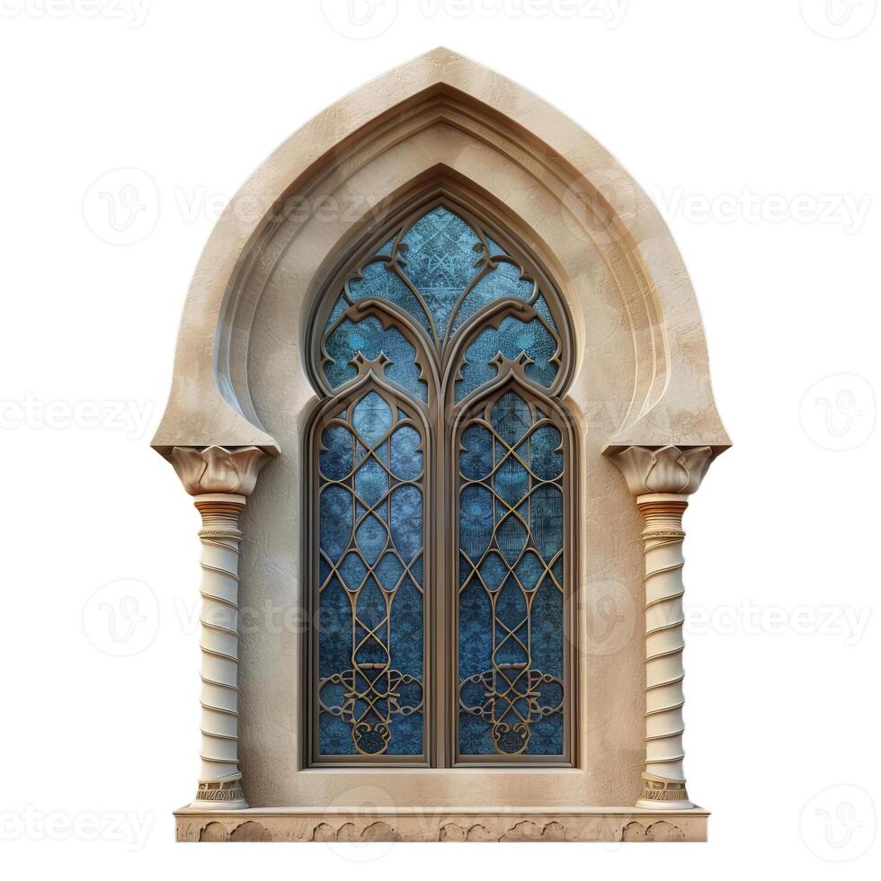 Gothic window with stone arch and columns on white background photo