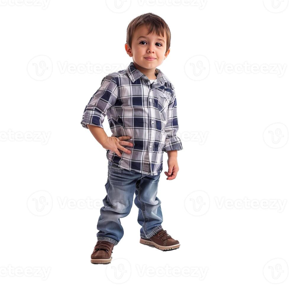 Young boy posing with hand on hip on white background photo