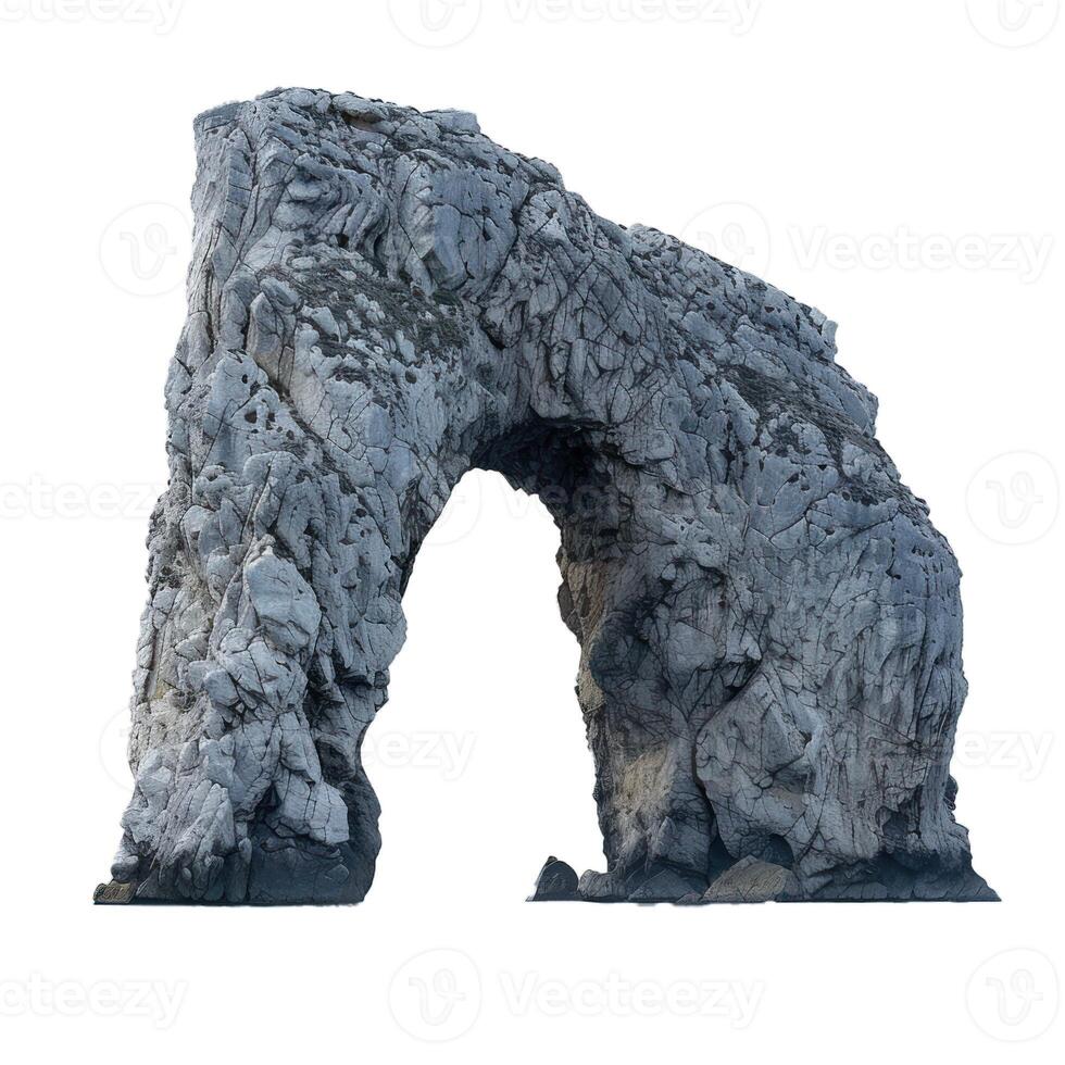 Natural arch standing on rocky coastline against white background photo