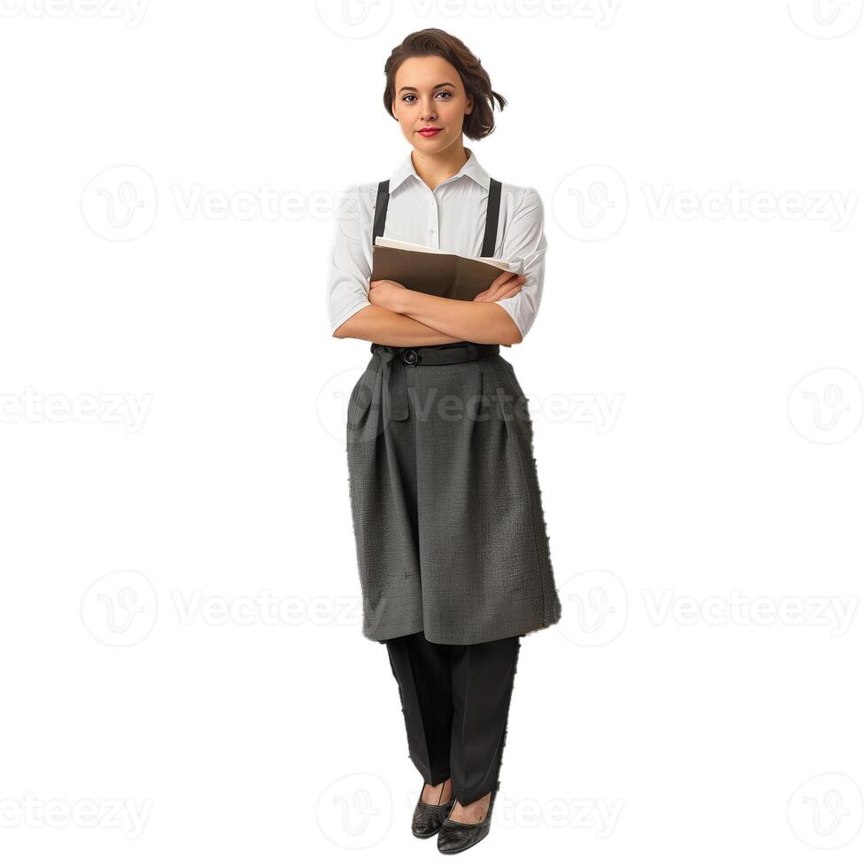 Confident businesswoman holding notebook with crossed arms on white background photo