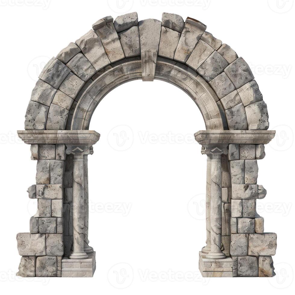 Old stone archway showing damage and crumbling with age on white background photo