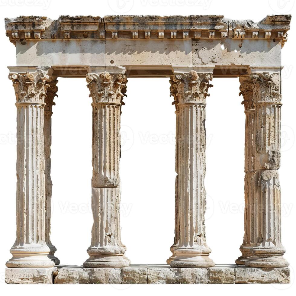 Four ancient corinthian columns supporting damaged architrave isolated on white photo