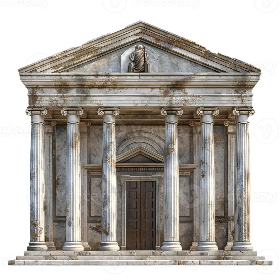 Ancient greek temple facade with corinthian columns showing age and weathering photo
