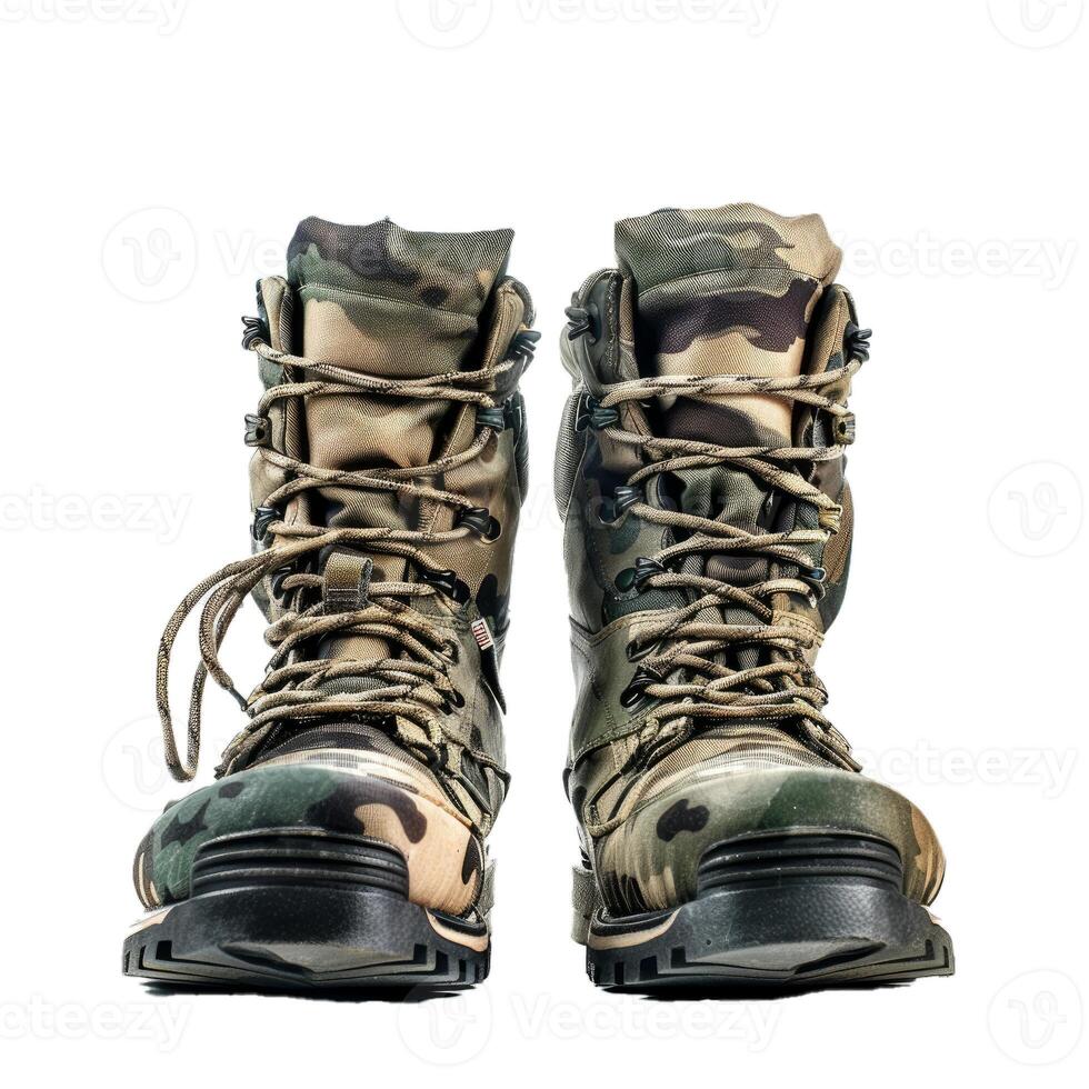 Pair of new camouflage military boots with laces standing upright photo