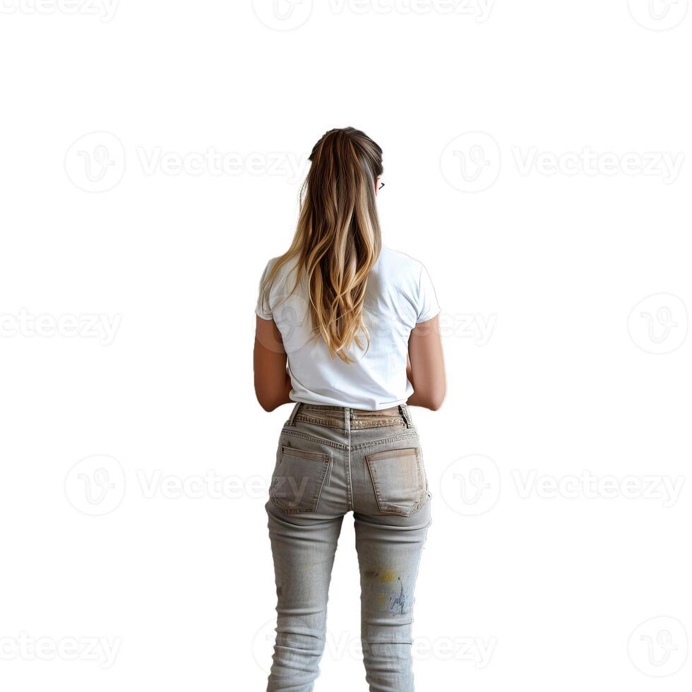 Woman painter standing back looking at white wall with paint stains on jeans photo