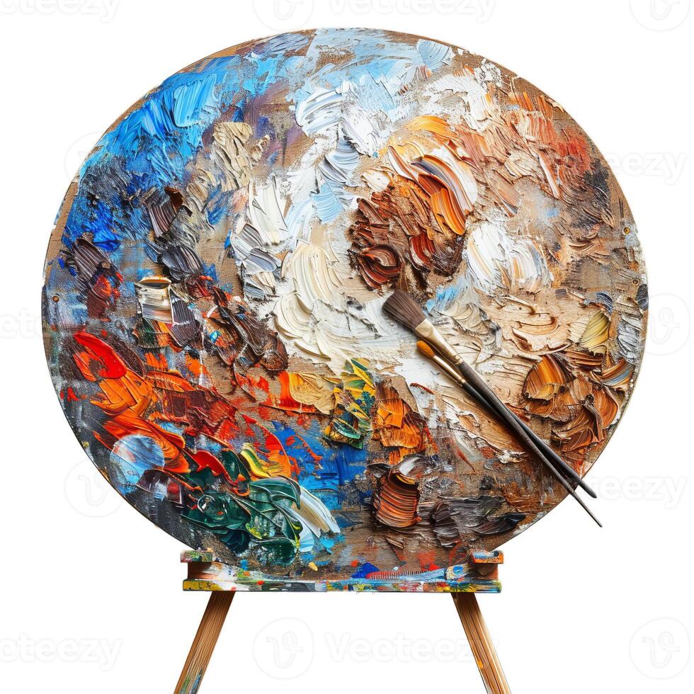 Colorful oil paint palette with brushes resting on wooden easel photo