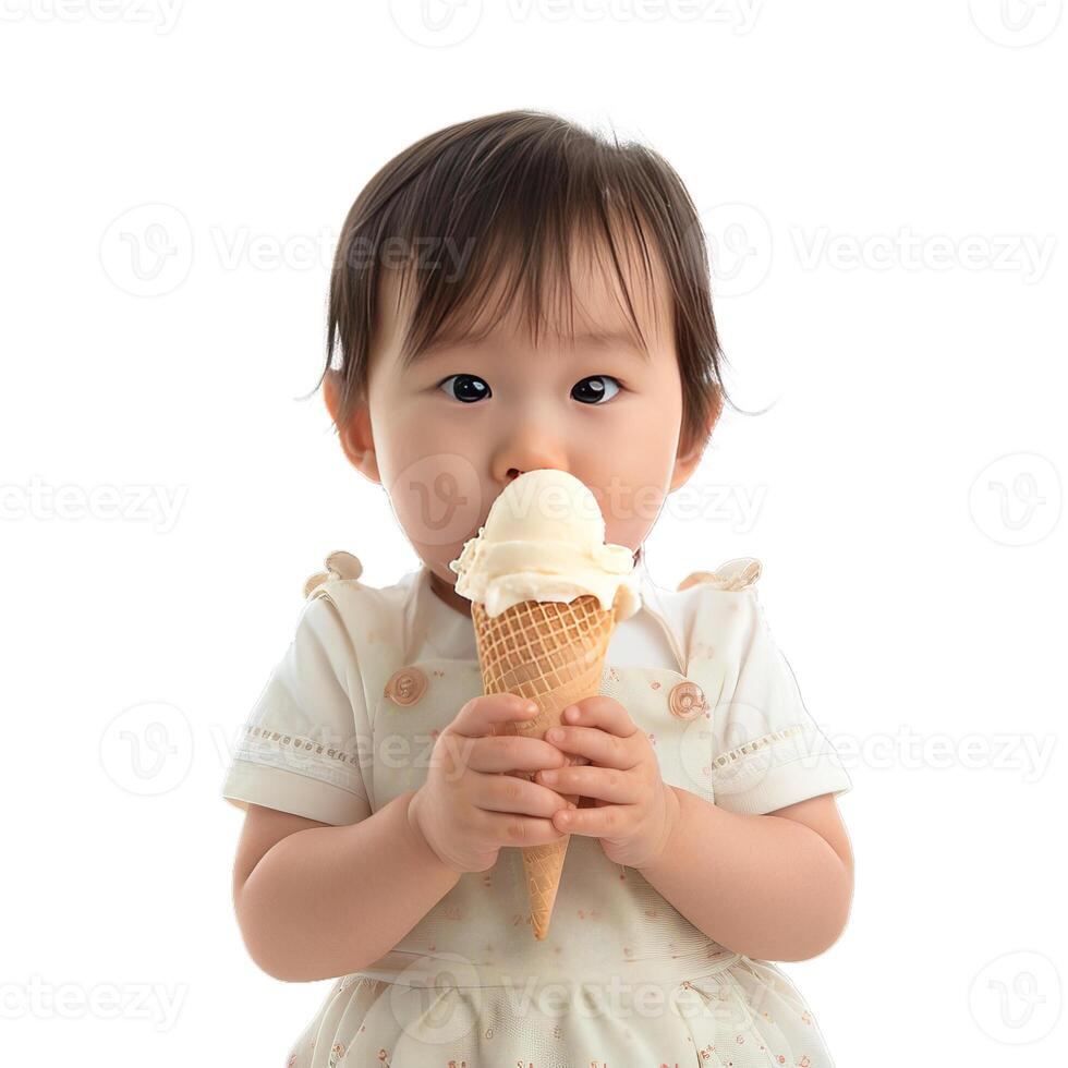 Little asian girl enjoying delicious ice cream cone photo