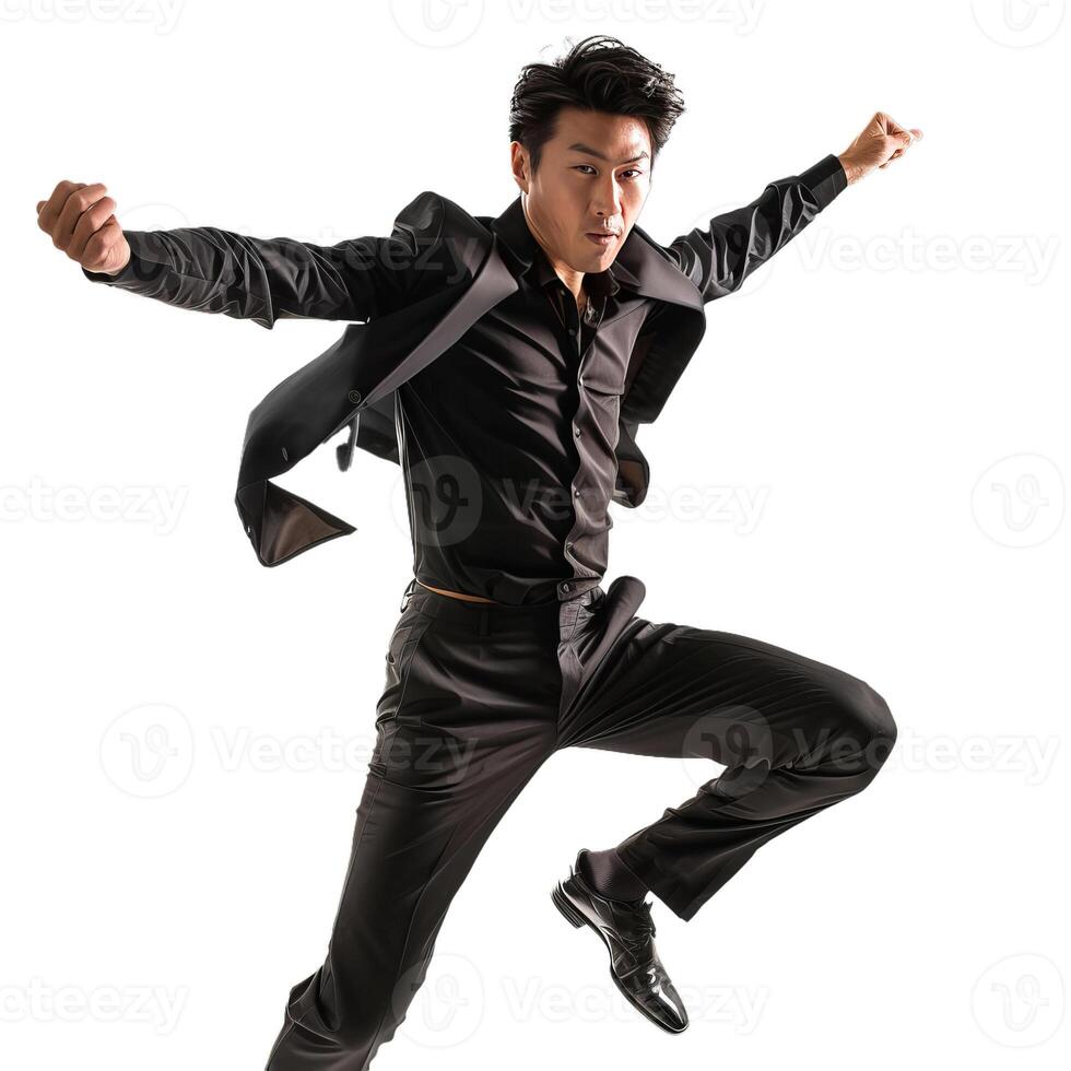 Businessman jumping with jacket flowing in the wind photo