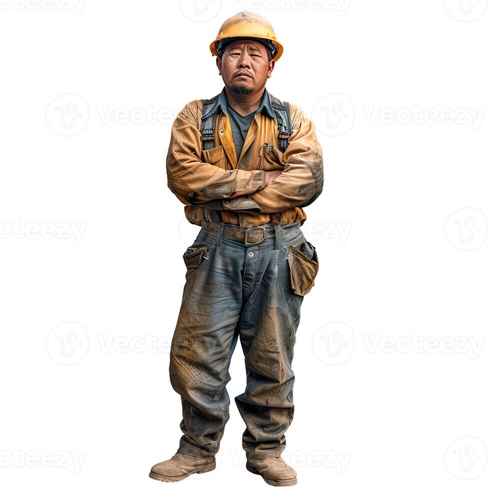 Confident construction worker with arms crossed wearing dirty clothes and hard hat photo