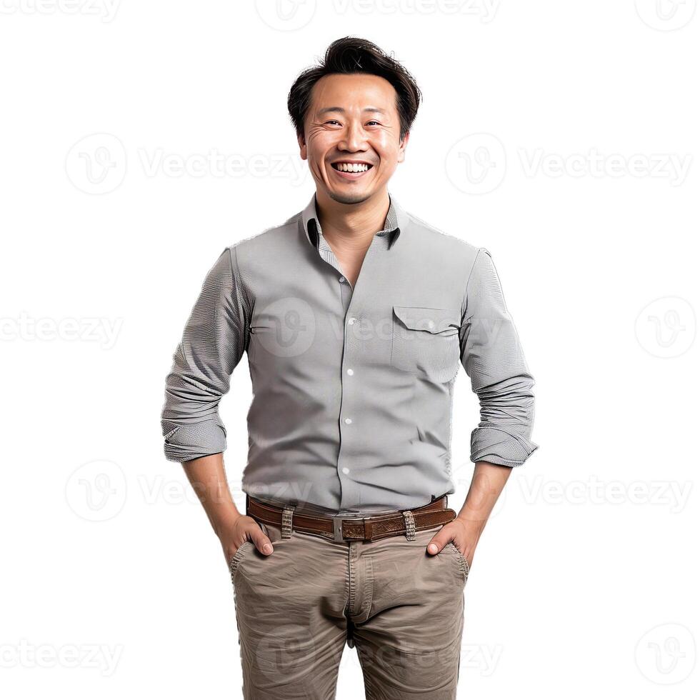 Asian man smiling with hands in pockets on white background photo