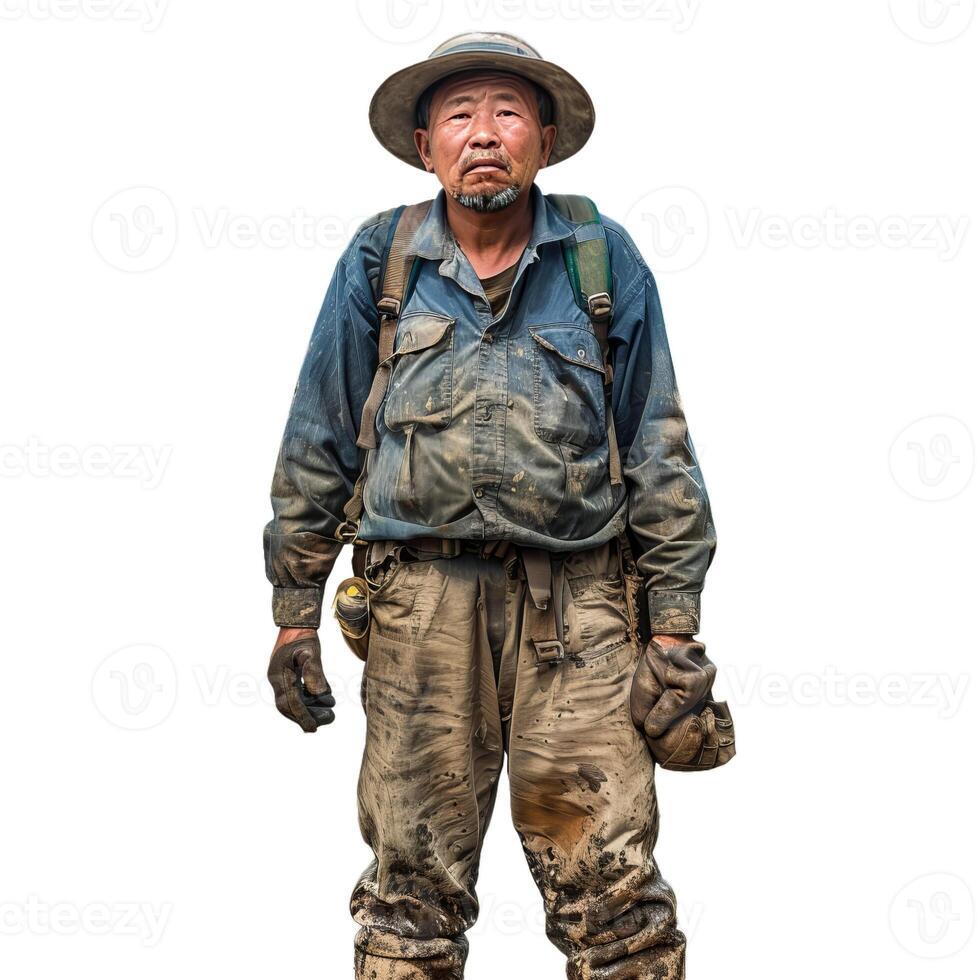 Portrait of asian man wearing dirty clothes and carrying backpack is standing photo