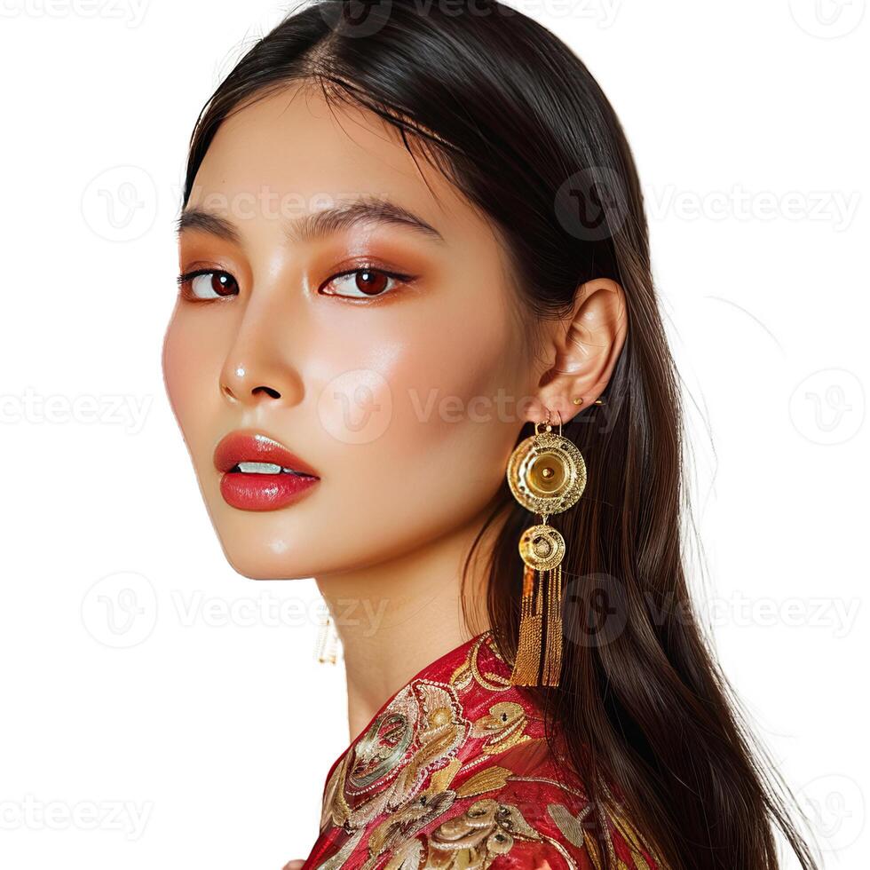 Beautiful asian woman wearing traditional red dress and gold earrings posing on white background photo