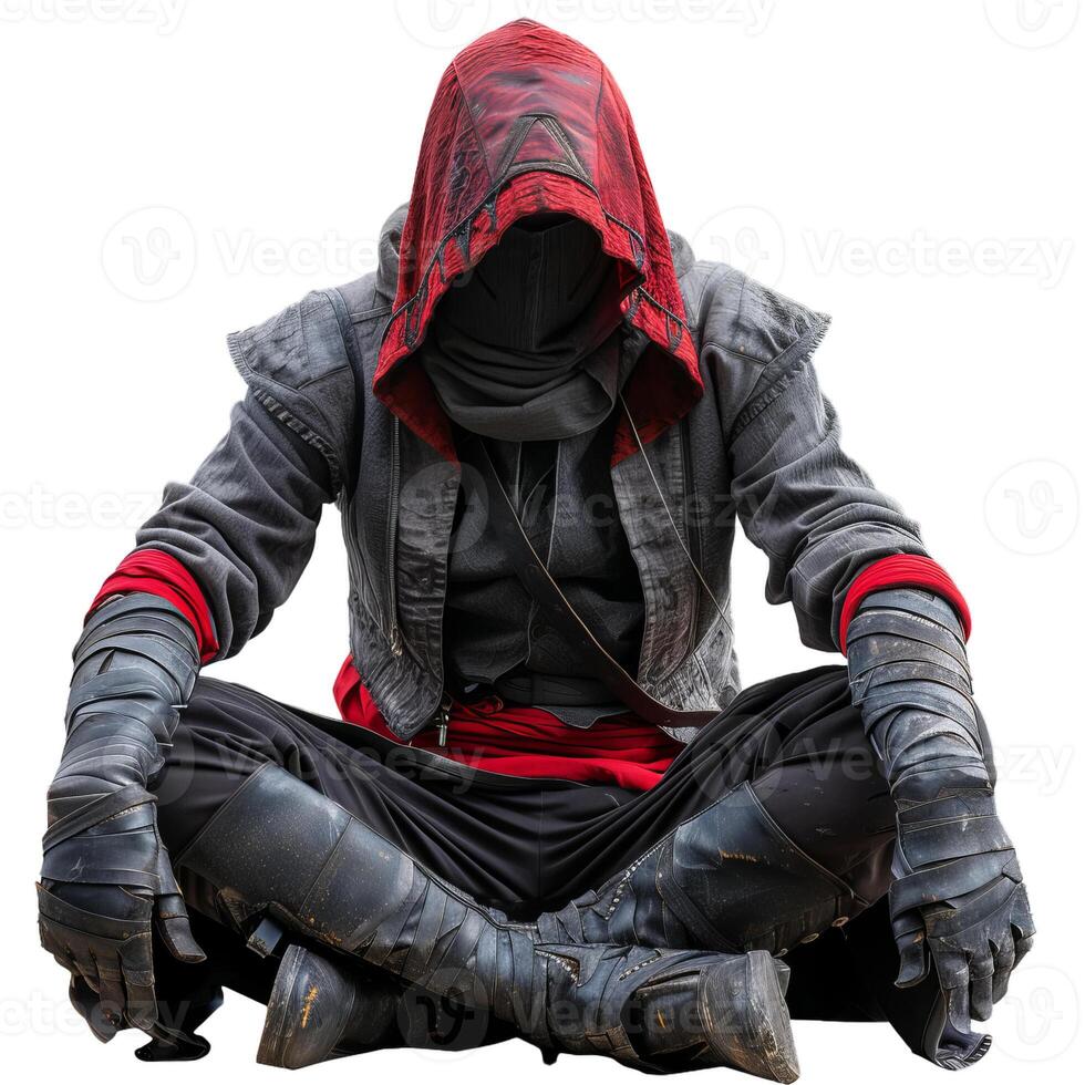 Warrior assassin sitting in red and gray clothes with hood and face covered photo