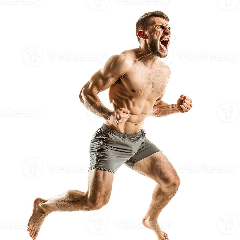 Muscular athlete running with aggressive expression on white background photo