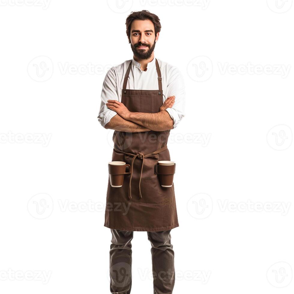 Confident barista posing with coffee cups on apron and crossed arms photo
