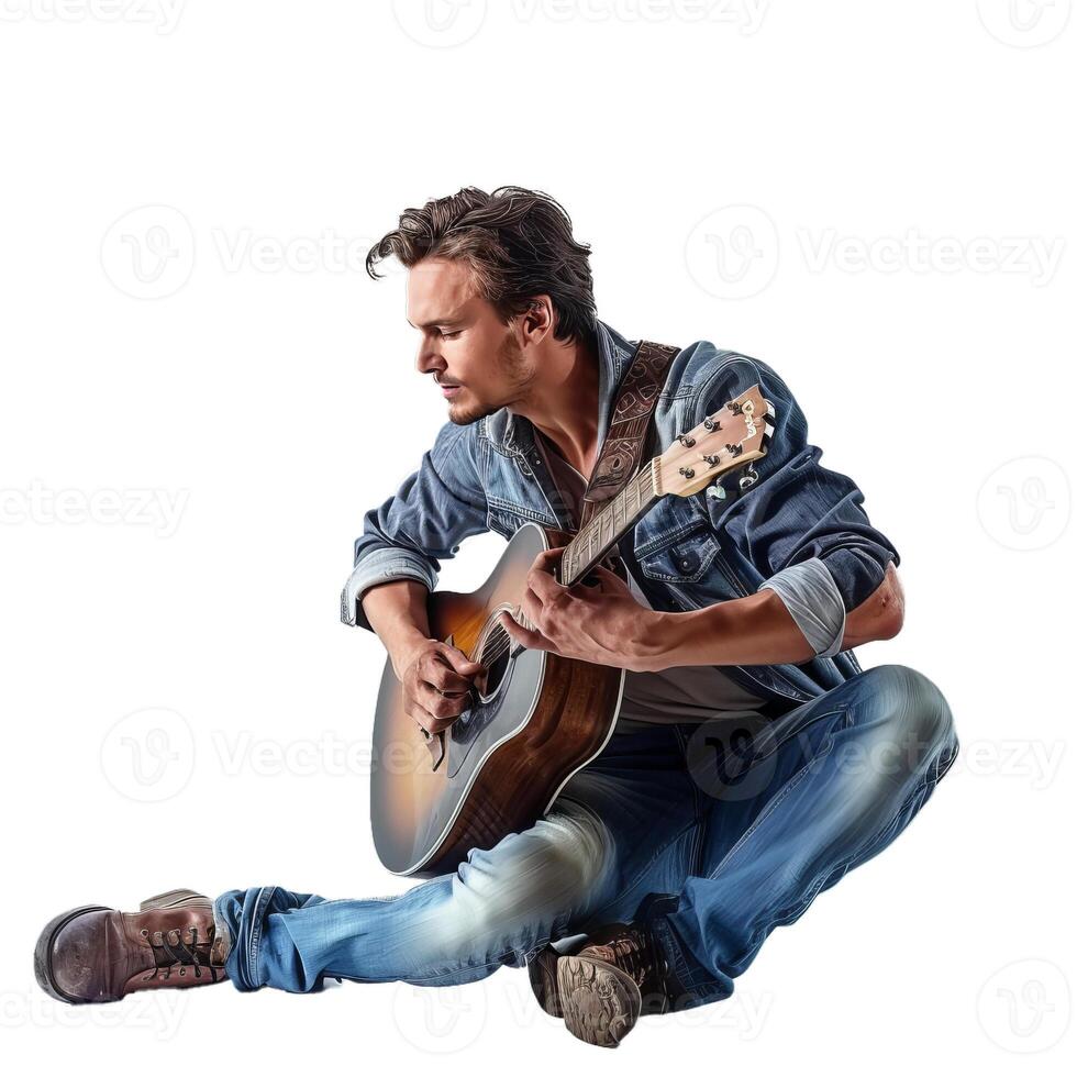 Musician playing acoustic guitar on white background photo