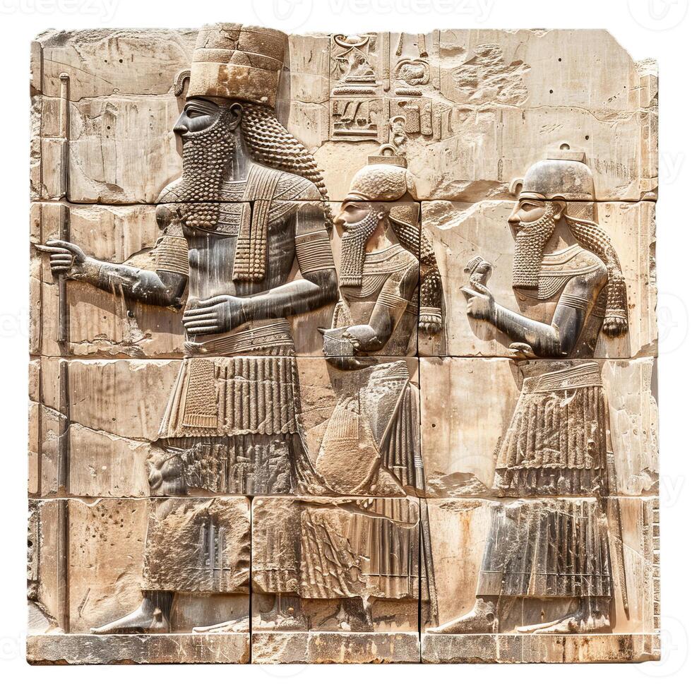 Ancient egyptian pharaoh walking with entourage on stone wall relief photo