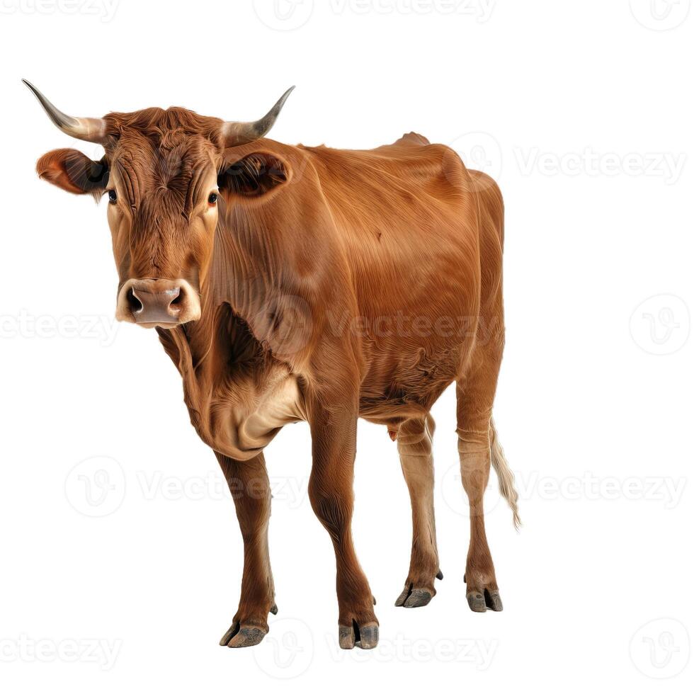 Brown cow standing on white background photo