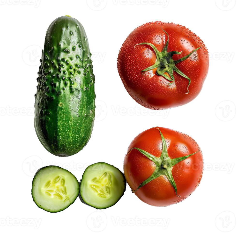 Fresh cucumbers and tomatoes isolated on white background photo