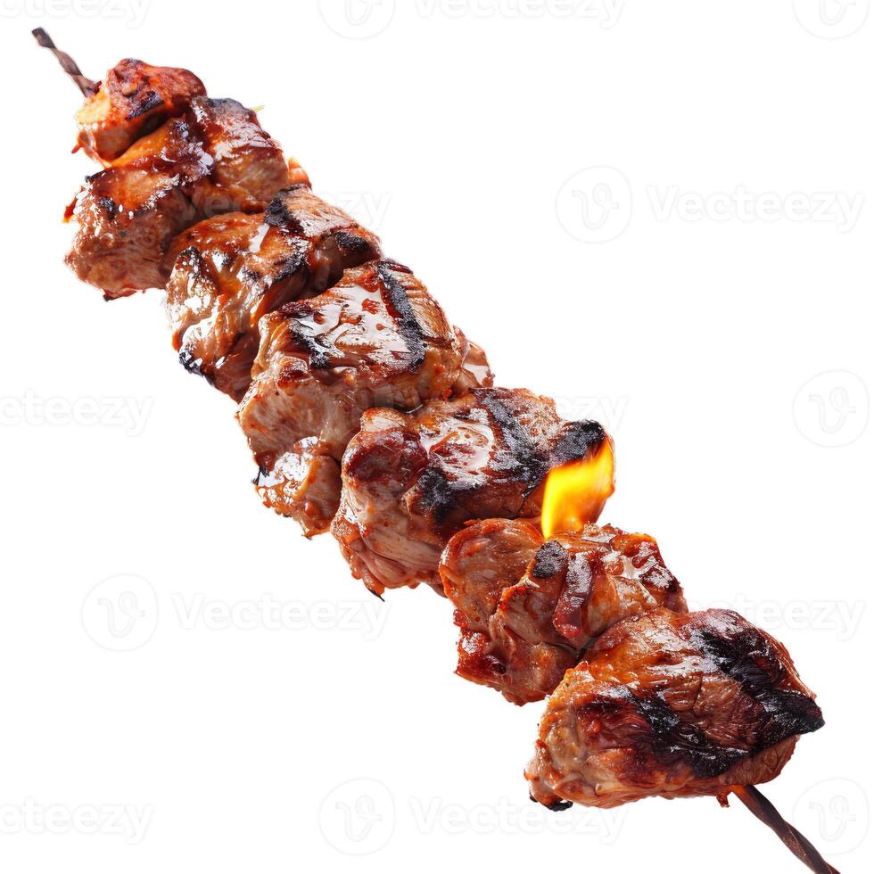 Grilled meat skewer with flames isolated on white background photo
