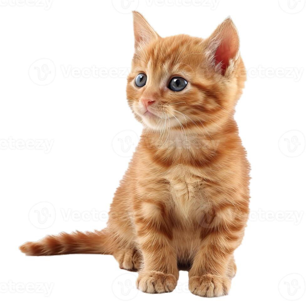 Adorable red kitten sitting and looking up with curiosity photo