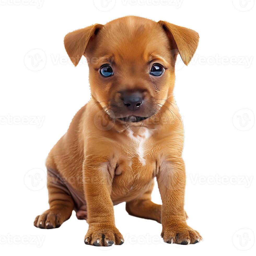 Adorable brown puppy dog sitting with big blue eyes photo