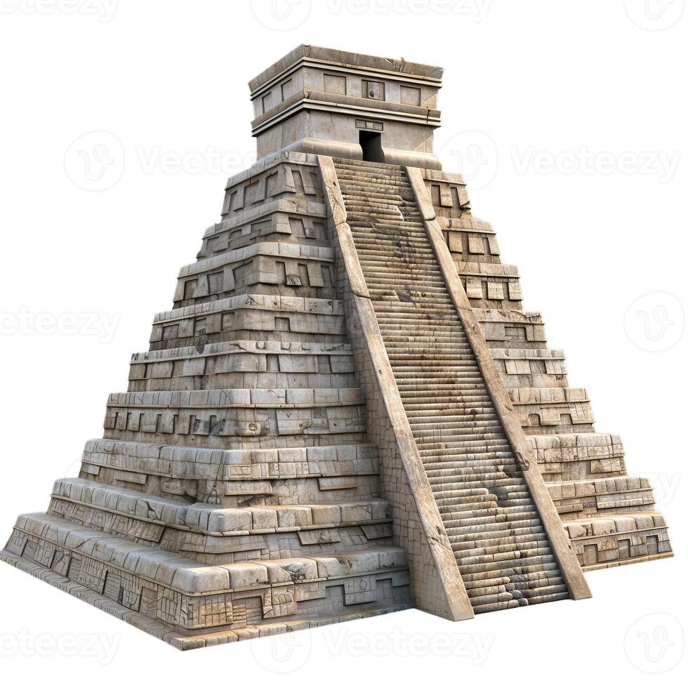 Ancient mayan pyramid reaching for the sky on white background photo