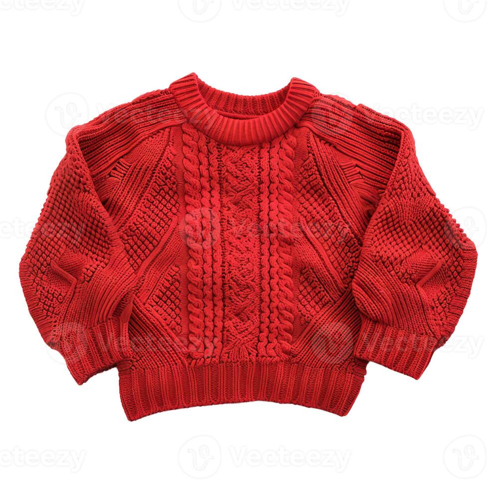 Red knitted cable wool sweater isolated on white background photo