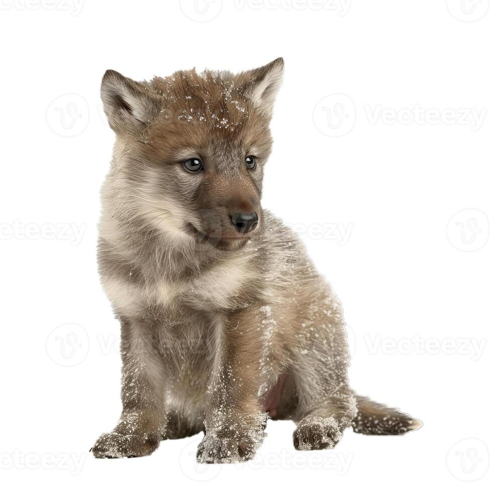 Wolf pup covered with snow sitting and looking away from camera photo