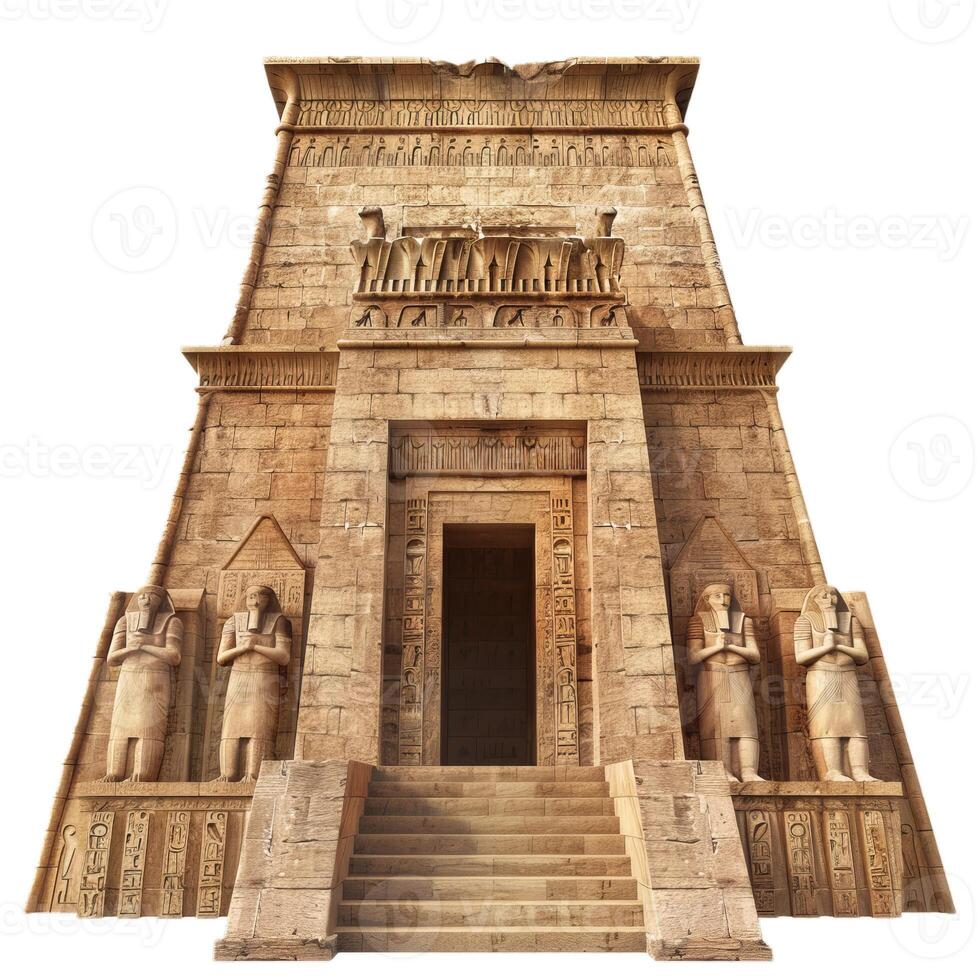 The entrance of an ancient egyptian temple is guarded by statues of pharaohs and decorated with hieroglyphs photo
