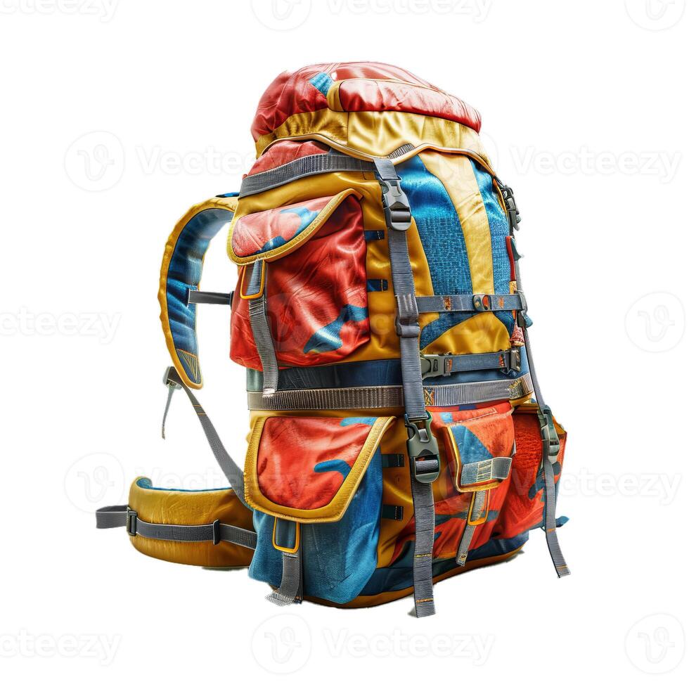 Large multicolored backpack standing upright on white background photo