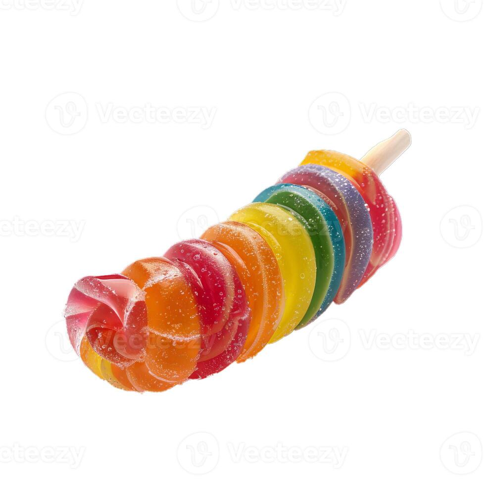 Colorful spiral lollipop covered in water droplets on white background photo