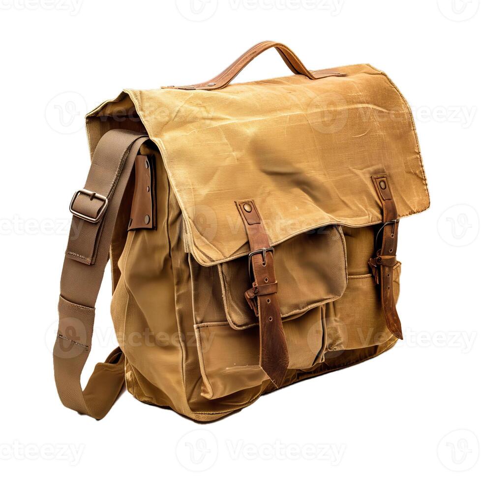 Khaki canvas messenger bag with leather straps isolated on white background photo