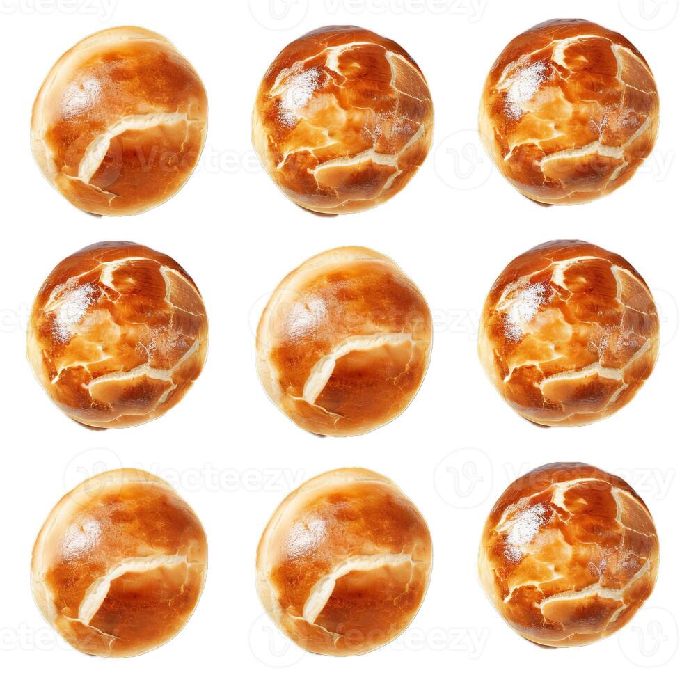 Nine identical round buns pattern on white background photo
