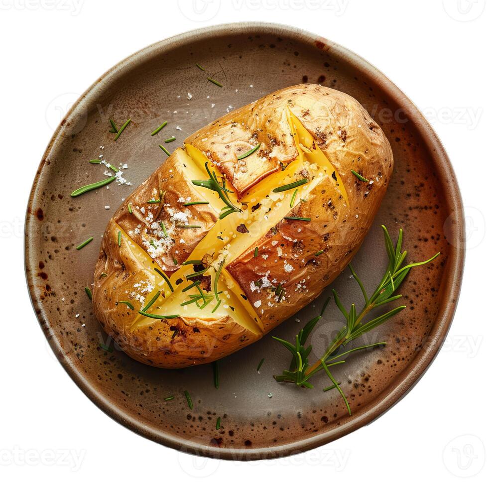 Baked potato with rosemary and salt flakes resting on a plate photo